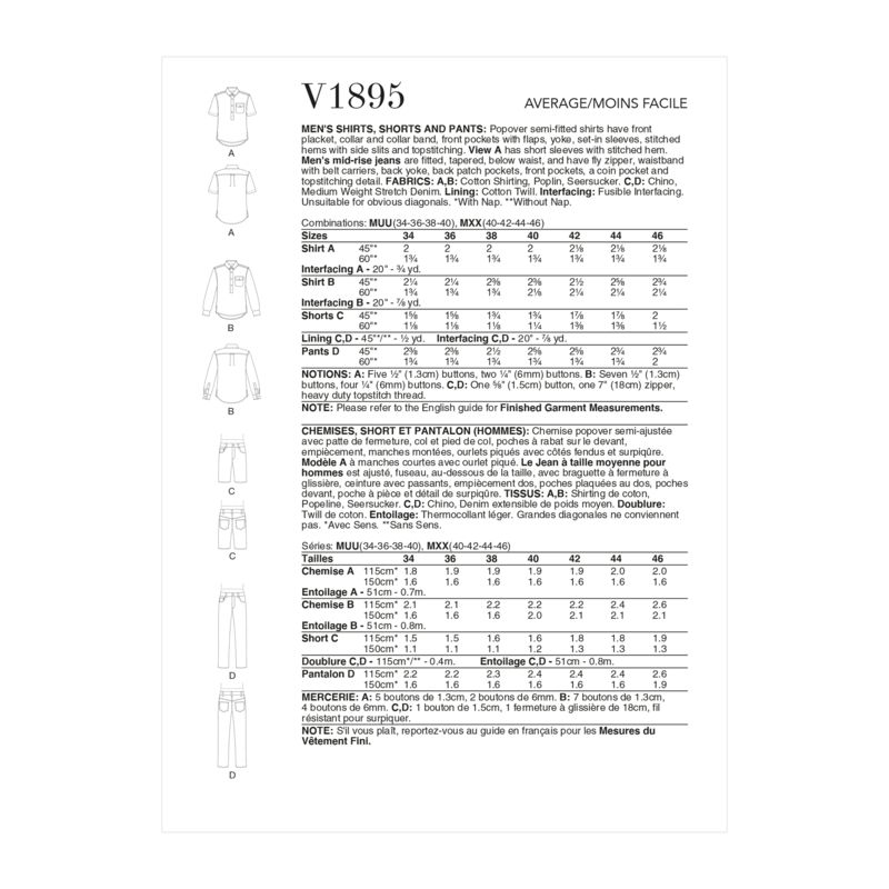 Patron Vogue 1895 MXX - Chemise, short et pantalon pour homme