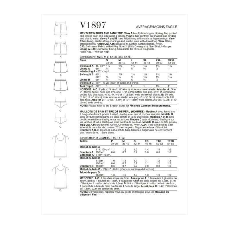 Patron Vogue 1897 XM - Maillots de bain et tricot de peau pour homme