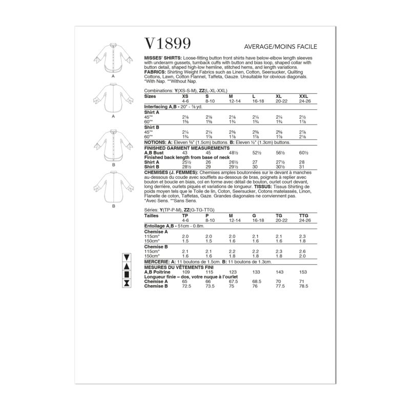 Patron Vogue 1899 Y - Chemises amples