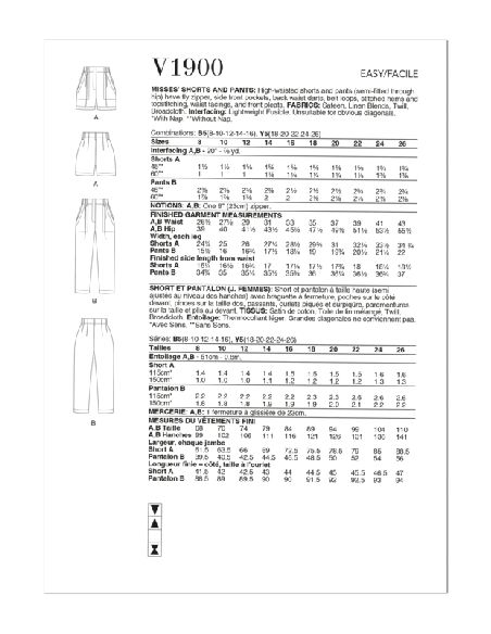 Patron Vogue 1900 Y5 - Short et pantalon à taille haute