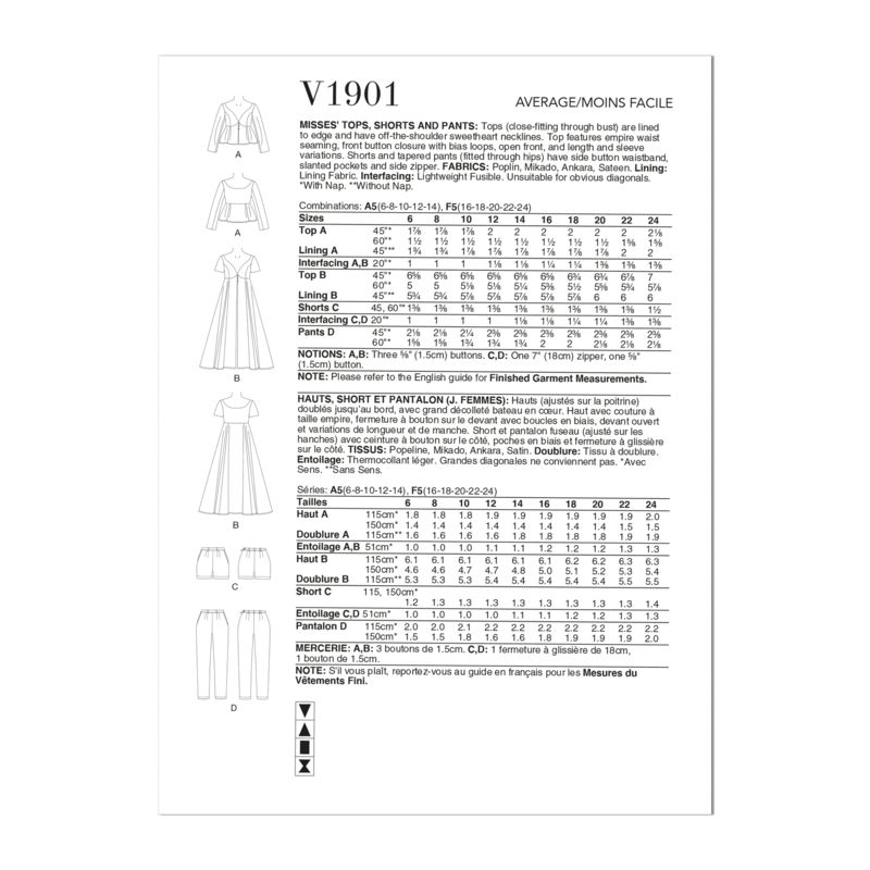 Patron Vogue 1901 F5 -- Haut décolleté bateau, short et pantalon