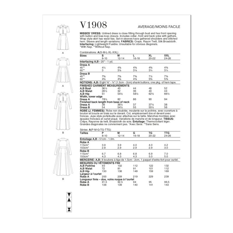 Patron Vogue 1908 A - Robe non doublée, moulante sur la poitrine
