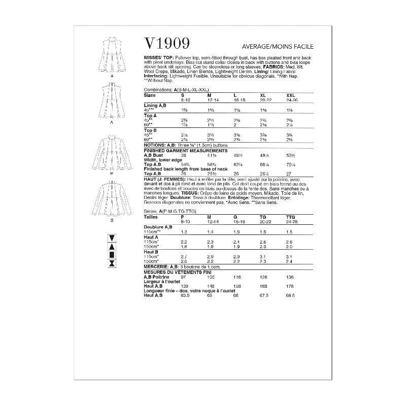 Patron Vogue 1909 A - Haut semi ajusté sur la poitrine