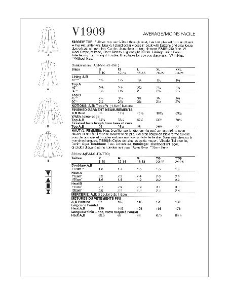 Patron Vogue 1909 A - Haut semi ajusté sur la poitrine