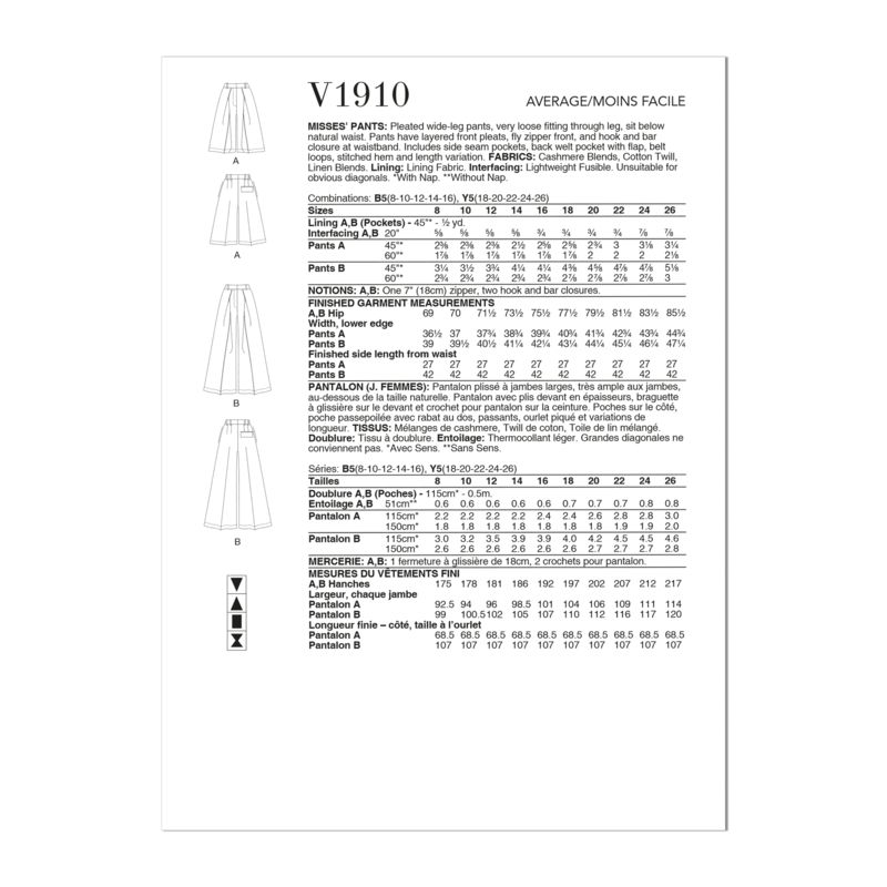Patron Vogue 1910 Y5 - Pantalon plissé à jambes larges