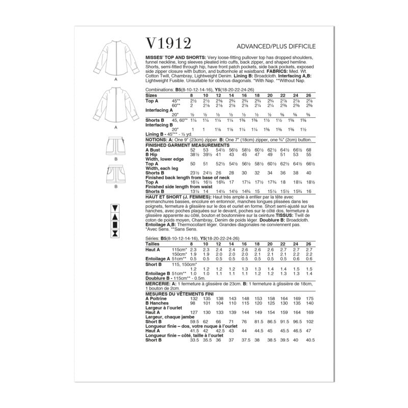 Patron Vogue 1912 Y5 - Haut & short