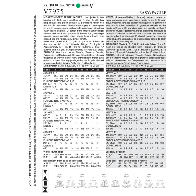 Patron Vogue 7975 A - Veste femme tweed sans col