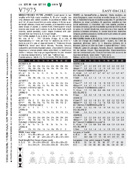 Patron Vogue 7975 FW - Veste femme tweed sans col