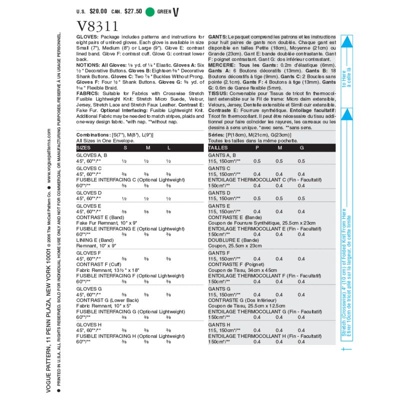 Patron Vogue 8311 O - Gants