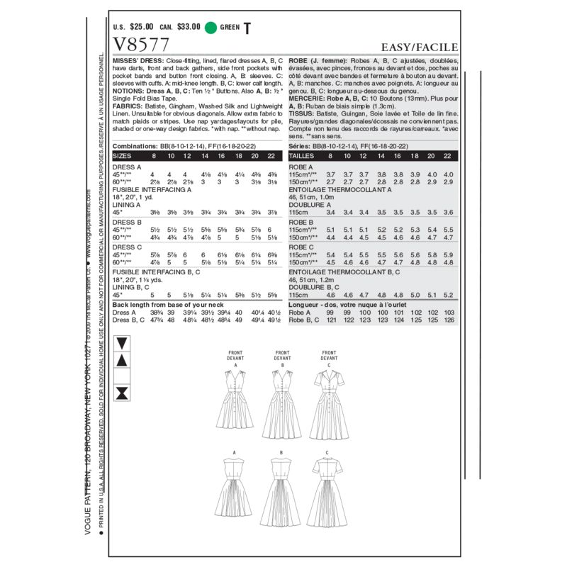Patron Vogue 8577 FF - Robe chemise femme style années 1950