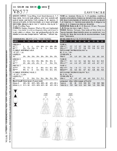 Patron Vogue 8577 FF - Robe chemise femme style années 1950