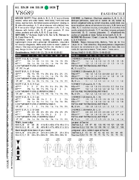 Patron Vogue 8689 AA - Chemisiers femme, avec ou sans manches