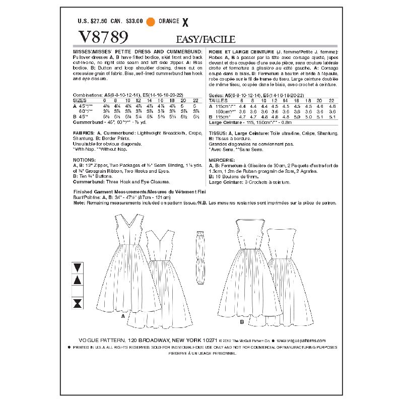 Patron Vogue 8789 A5 - Robes femme style années 1950