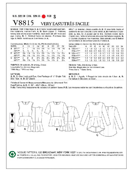 Patron Vogue 8815 B - Blouses et tops pour femme, coupe taille haute