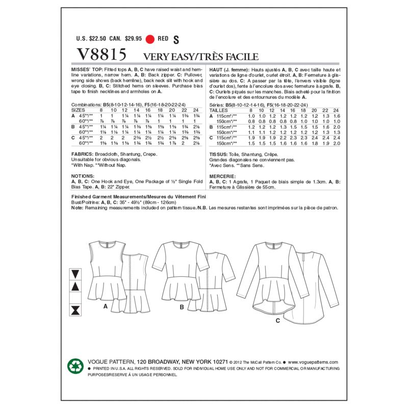 Patron Vogue 8815 F - Blouses et tops pour femme, coupe taille haute