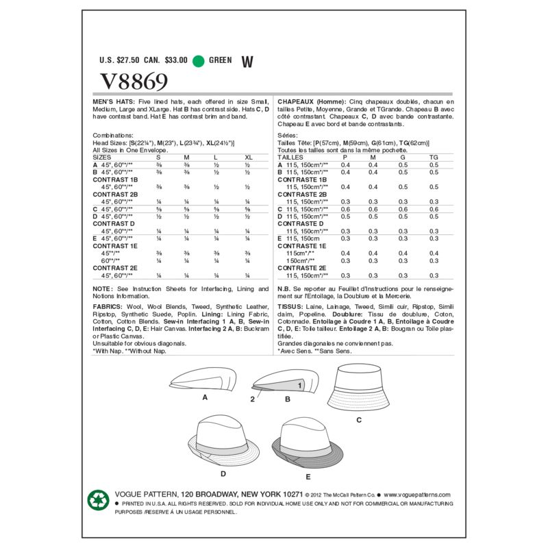 Patron Vogue 8869 OS - Chapeaux homme : Trilby, Casquette et Bob