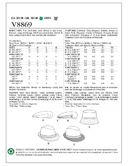 Patron Vogue 8869 OS - Chapeaux homme : Trilby, Casquette et Bob