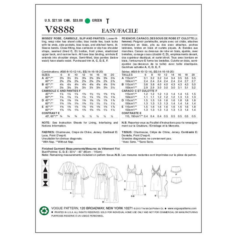 Patron Vogue 8888 A5 - Ensemble de lingerie en dentelle pour femme