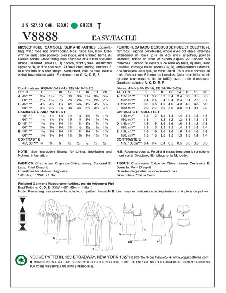 Patron Vogue 8888 EE - Ensemble de lingerie en dentelle pour femme