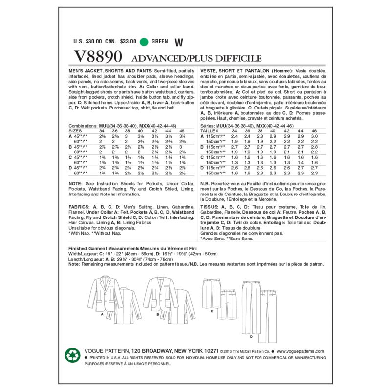 Patron Vogue 8890 MUU - Ensemble tailleur homme comprenant veste, short et pantalon