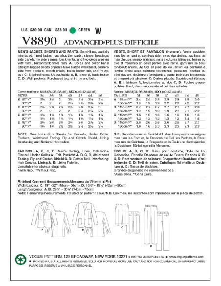 Patron Vogue 8890 MUU - Ensemble tailleur homme comprenant veste, short et pantalon