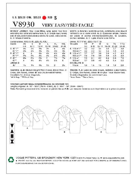 Patron Vogue 8930 Y - Manteau femme avec col large et renversé