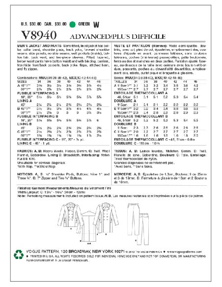 Patron Vogue 8940 MUU - Ensemble homme : Caban et pantalon