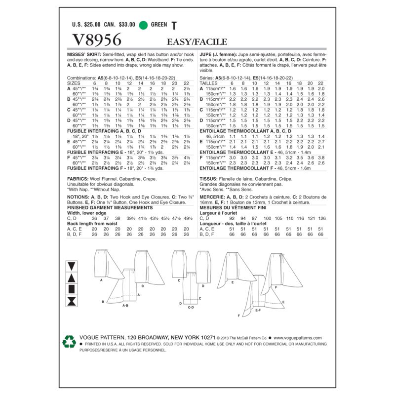 Patron Vogue 8956 A5 - Jupe portefeuille pour femme à pan asymétrique