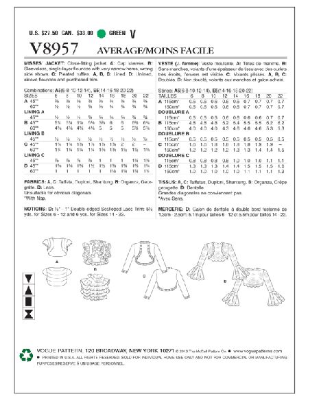 Patron Vogue 8957 A5 - Boléros femme
