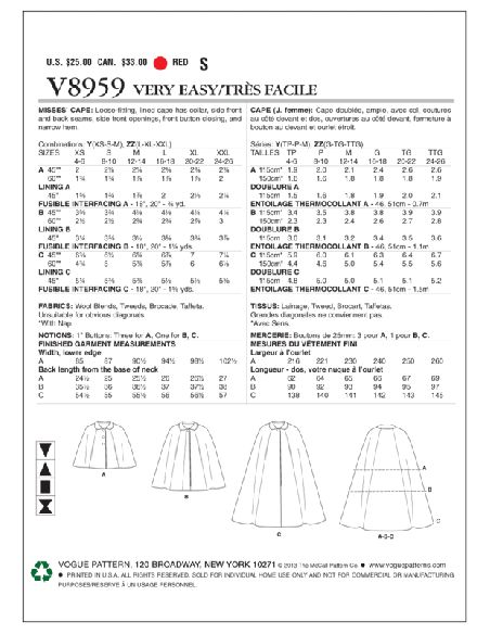 Patron Vogue 8959 Y - Veste-cape femme avec col rond à revers