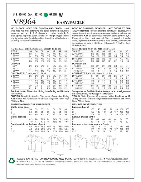 Patron Vogue 8964 MUU - Ensemble de pyjama pour homme