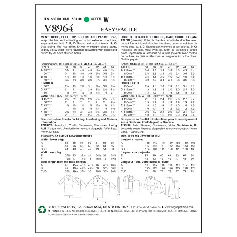 Patron Vogue 8964 MXX - Ensemble de pyjama pour homme