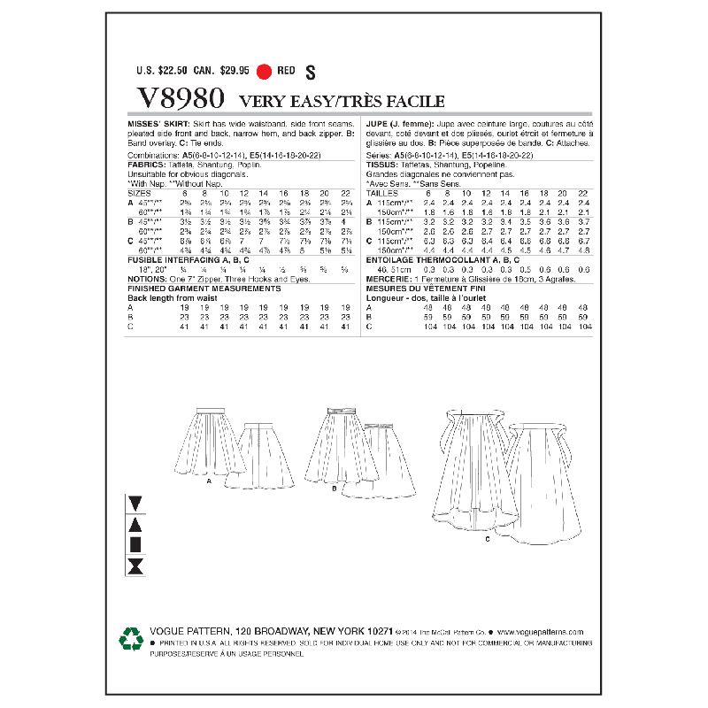 Patron Vogue 8980 A5 - Jupes plissées et évasées