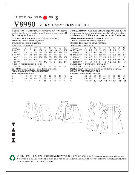 Patron Vogue 8980 E5 - Jupes plissées et évasées