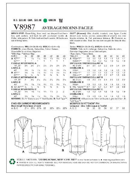 Patron Vogue 8987 MUU - Gilet de costume homme