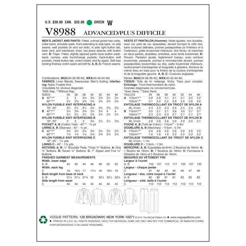 Patron Vogue 8988 MUU - Veste et pantalon homme