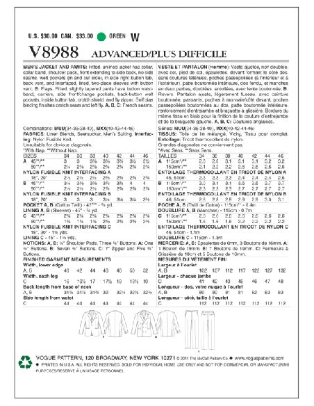 Patron Vogue 8988 MUU - Veste et pantalon homme