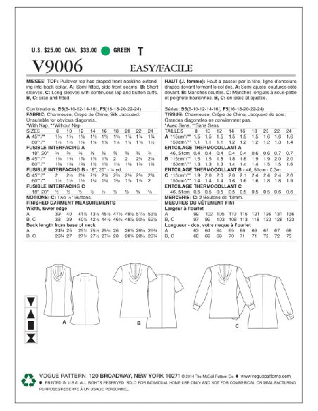 Patron Vogue 9006 F5 - Blouse/top femme, disponible avec ou sans manches