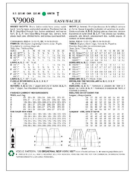 Patron Vogue 9008 E5 - Short femme