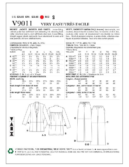 Patron Vogue 9011 Y - Veste, short et pantalon