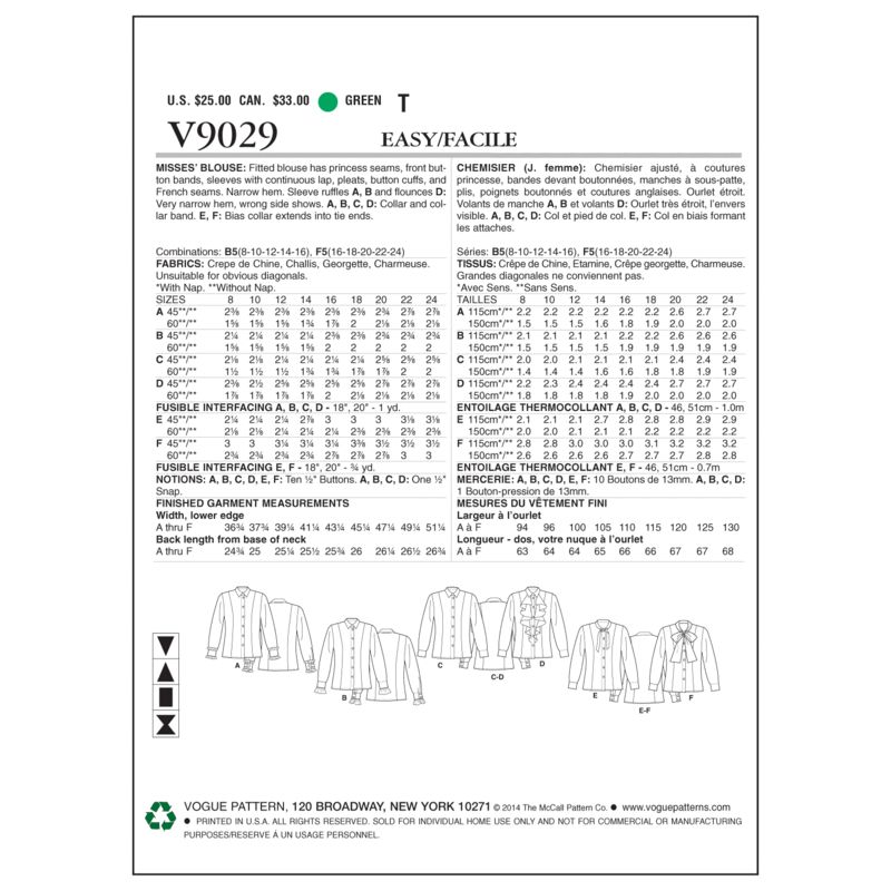 Patron Vogue 9029 F5 - Chemises femme