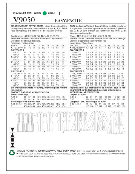 Patron Vogue 9050 E5 - Robe femme, style fourreau ou patineuse