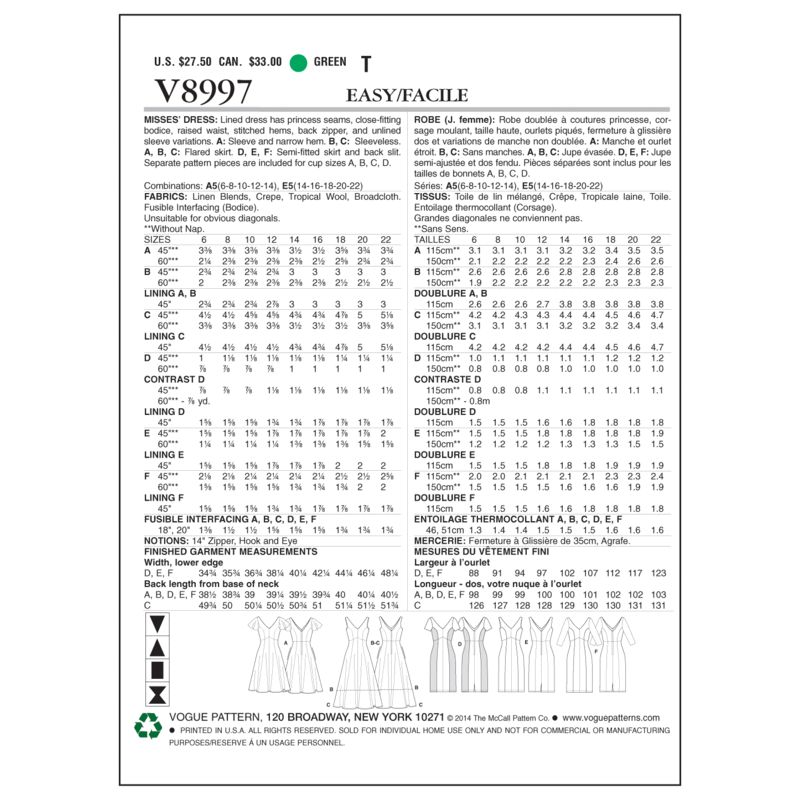 Patron Vogue 8997 A5 - Robes à coutures princesse, style fourreau ou évasé