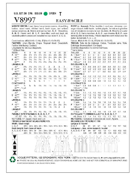 Patron Vogue 8997 E5 - Robes à coutures princesse, style fourreau ou évasé