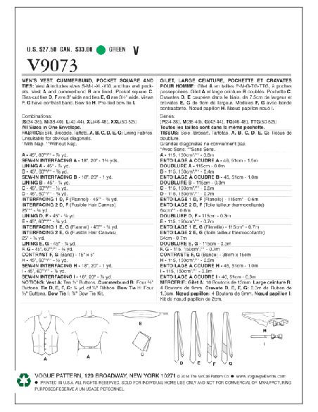 Patron Vogue 9073 OSZ - Gilet et accessoires pour homme