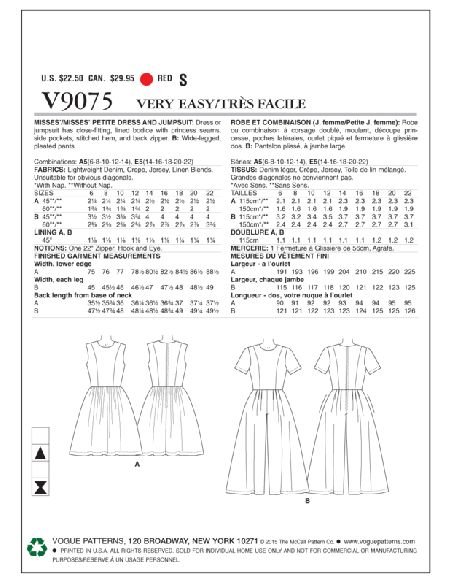 Patron Vogue 9075 A5 - Robe et combinaison à jambe trois-quarts pour femme