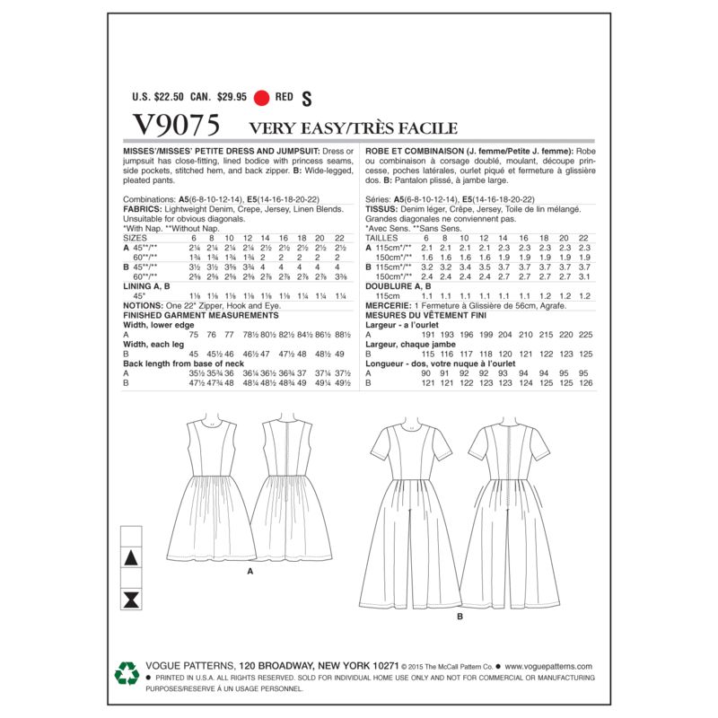 Patron Vogue 9075 E5 - Robe et combinaison à jambe trois-quarts pour femme