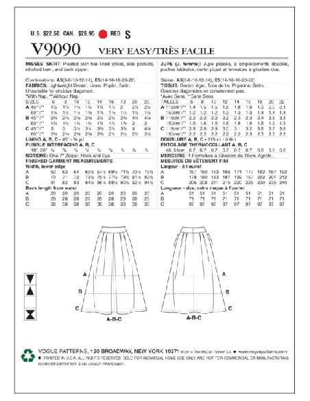 Patron Vogue 9090 E5 - Jupes femme à plis