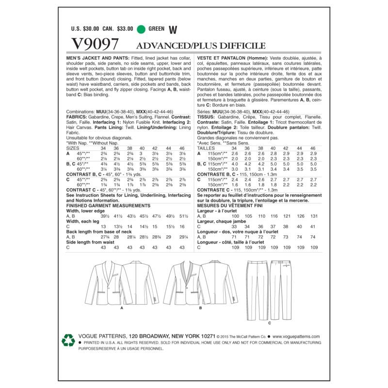 Patron Vogue 9097 MUU - Costume homme : Veste à col châle mono-bouton et pantalon