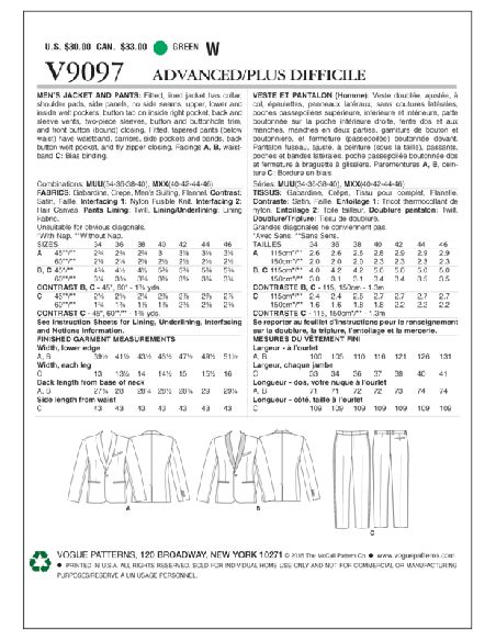 Patron Vogue 9097 MUU - Costume homme : Veste à col châle mono-bouton et pantalon